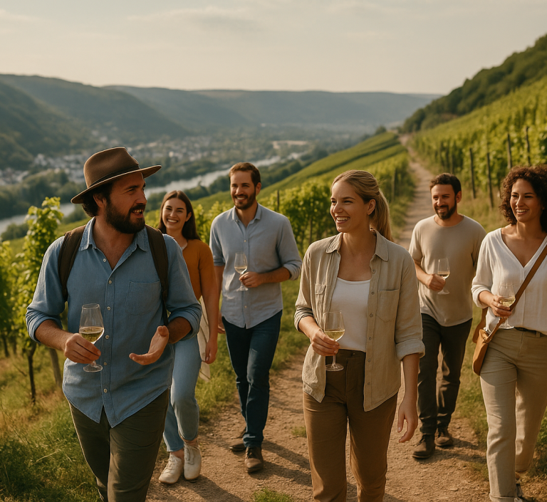 Gruppe von Menschen genießt Wein bei einem Spaziergang durch Weinberge.