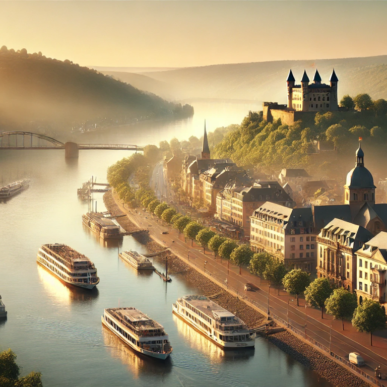 Panoramablick auf eine Stadt am Fluss, umgeben von Hügeln und Schlossruinen.