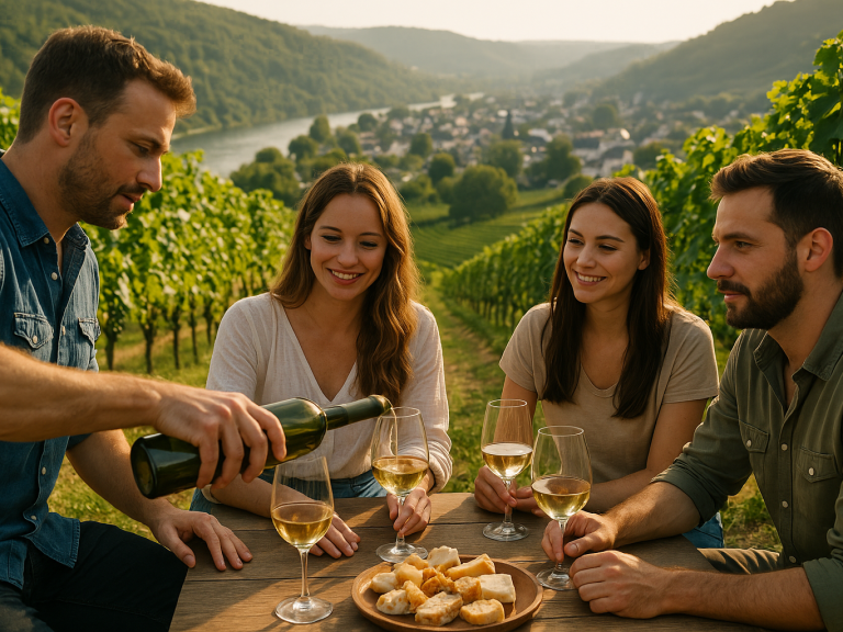 Vier Freunde genießen Wein und Snacks in einem malerischen Weinberg.