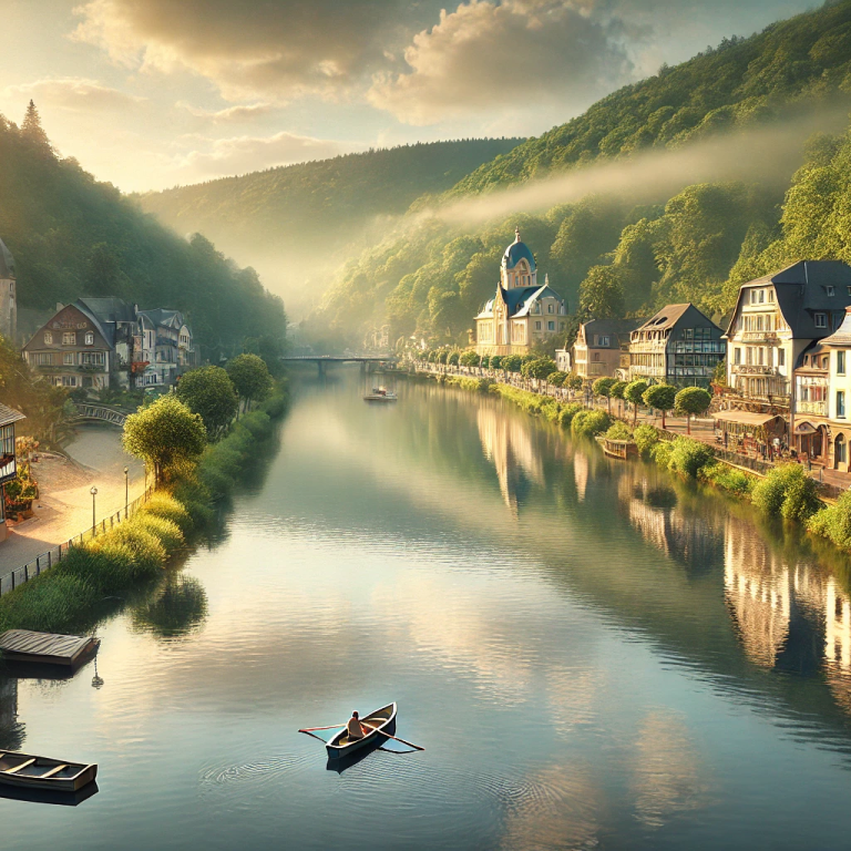 Idyllische Flusslandschaft mit Häusern und grünen Hügeln im Morgenlicht.
