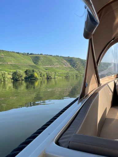Blick vom Boot auf ruhiges Wasser und grüne Hügel im Sonnenschein.