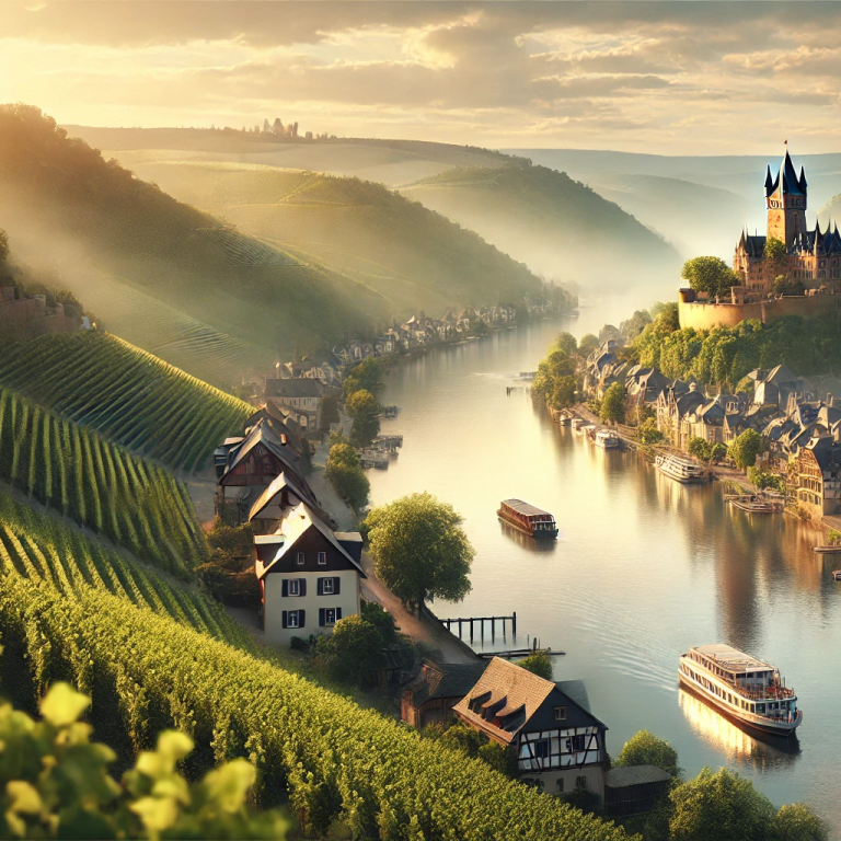 Ruhige Flusslandschaft mit Weinbergen, einem Schloss und Booten bei Sonnenuntergang.